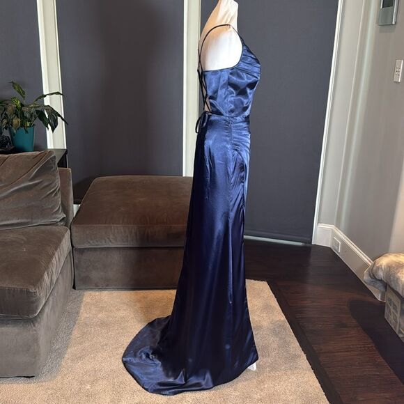 Women’s Blue FullLength Formal Dress Criss Cross Back Straps Leg Slit Size 2 NEW - Picture 5 of 13